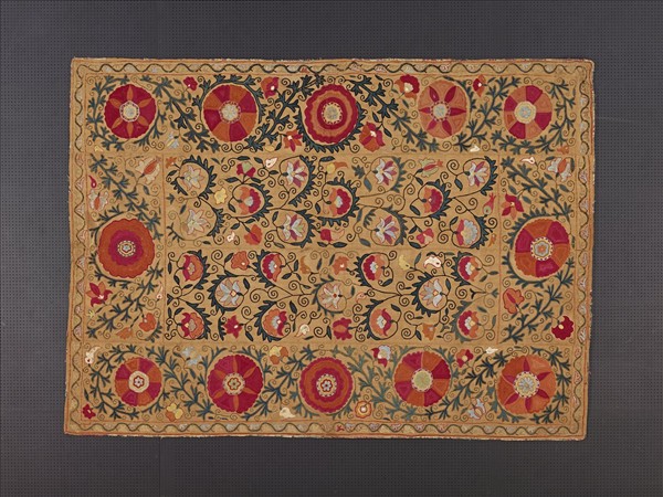 烏茲別克 黃地多彩花卉紋蘇紮尼刺繡掛飾