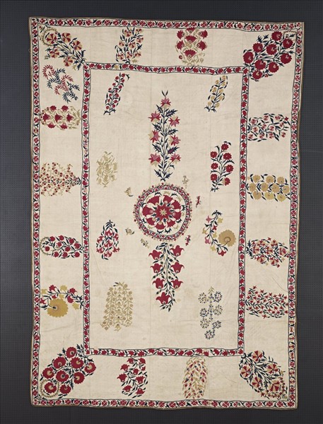 烏茲別克 白地多彩花卉紋蘇紮尼刺繡掛飾