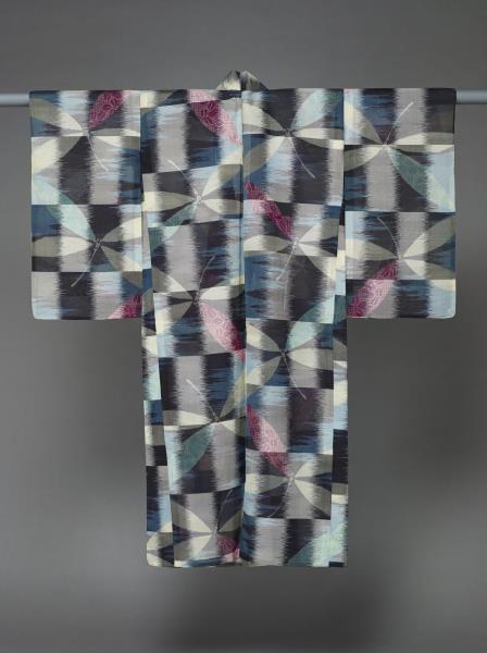 日本 黑地幾何紋絣織和服