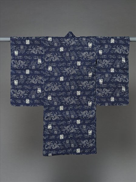 日本 藍地雲龍紋絣織和服