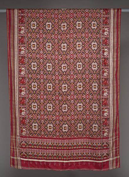 印度 紅地動物花卉紋雙向伊卡紗麗