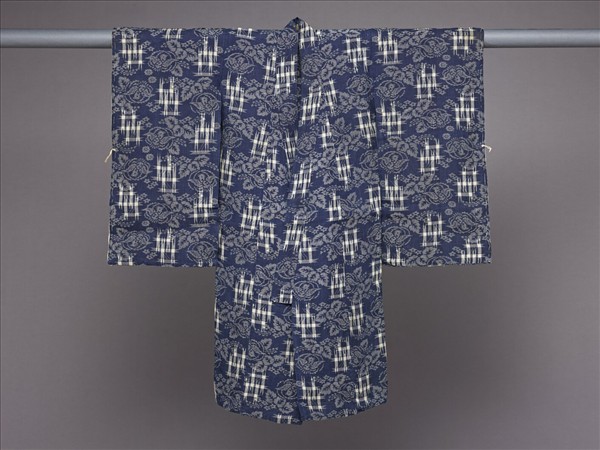 日本 藍地團鳥格子紋絣織童服