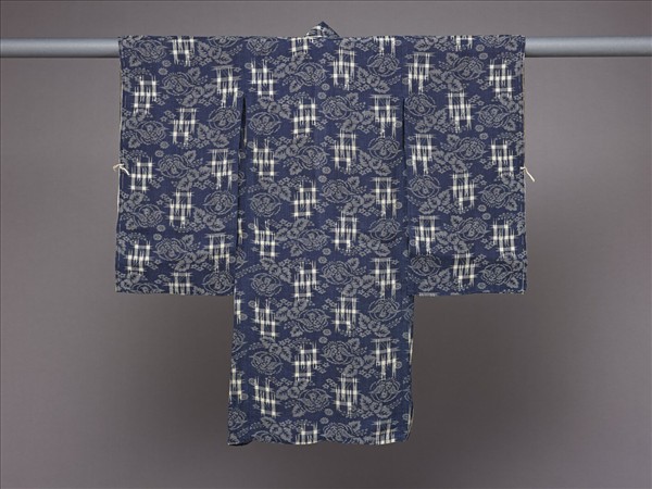 日本 藍地團鳥格子紋絣織童服