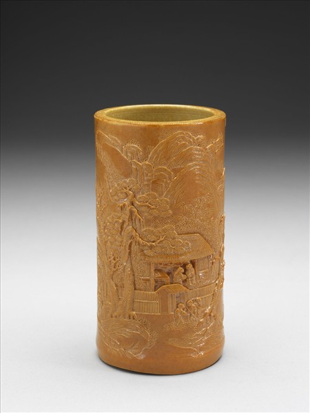 黃釉雕竹筆筒
