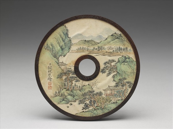 〈西清續鑑‧第十九冊〉鏡匣雕刻木蓋附關槐〈山水〉