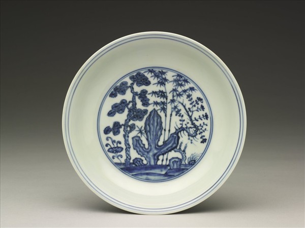 青花三友仕女圖盤