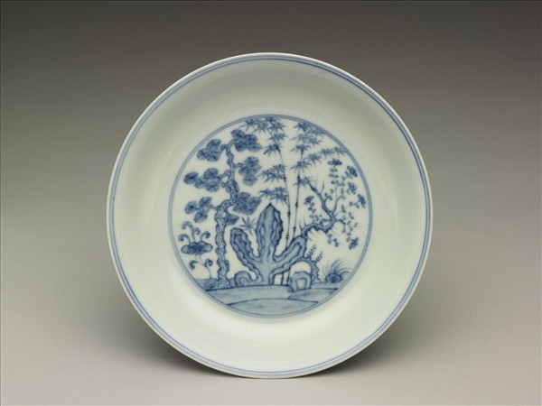 青花三友仕女圖盤