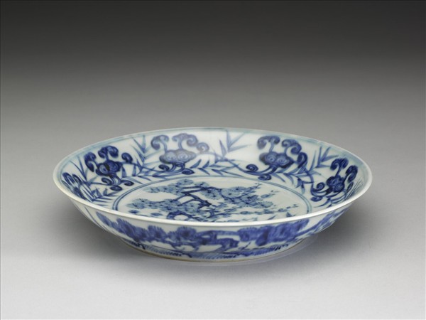 青花靈芝三友圖盤