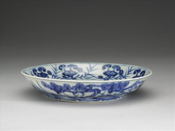 青花靈芝三友圖盤