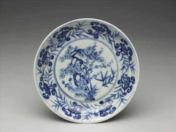 青花靈芝三友圖盤