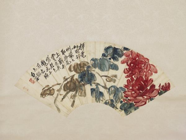 民國齊白石行書餐菊樓詩畫菊花扇面　軸　行書餐菊樓詩