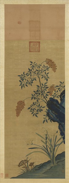 宋緙絲崔白芝仙祝壽　軸