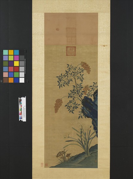 宋緙絲崔白芝仙祝壽　軸