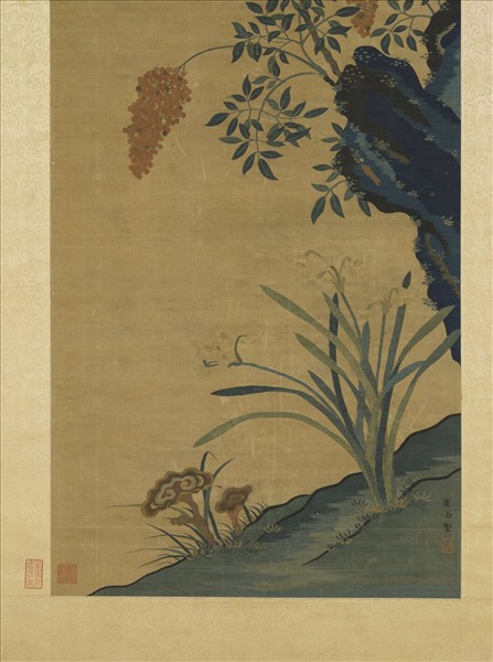 宋緙絲崔白芝仙祝壽　軸