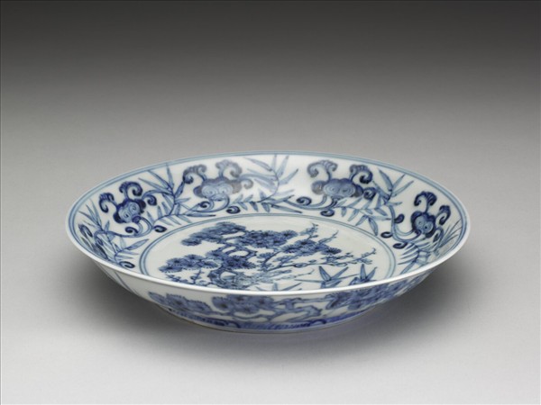 青花竹芝三友圖盤