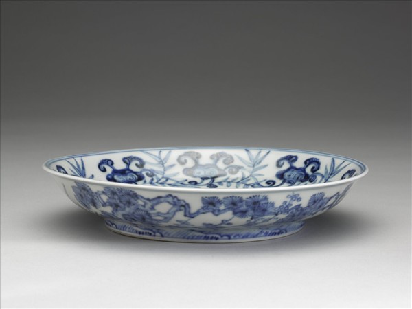 青花竹芝三友圖盤