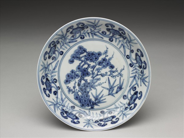 青花竹芝三友圖盤