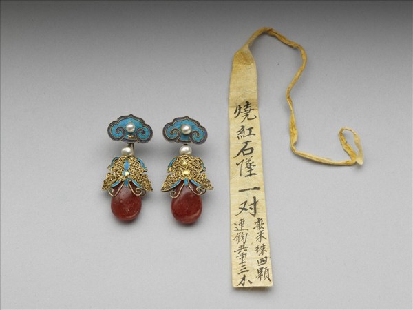 銀鍍金點翠嵌珠料石如意耳墜