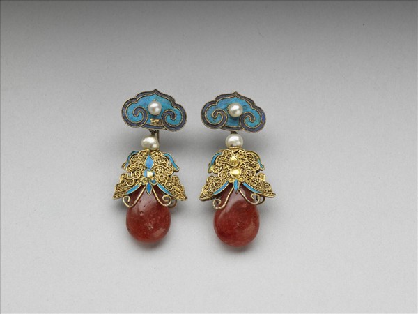 銀鍍金點翠嵌珠料石如意耳墜