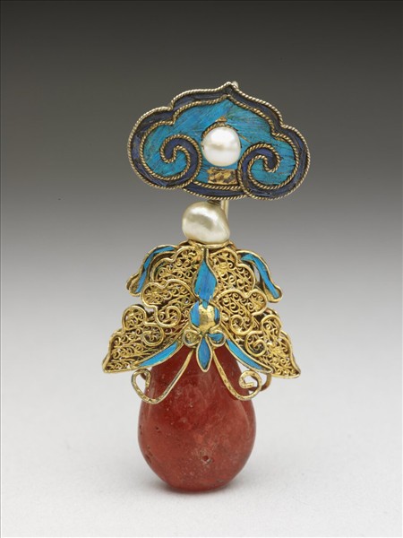 銀鍍金點翠嵌珠料石如意耳墜