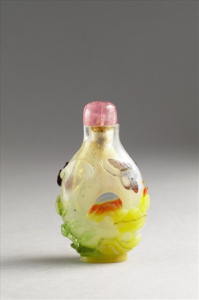 白套五彩玻璃雄雞牡丹鼻煙壺