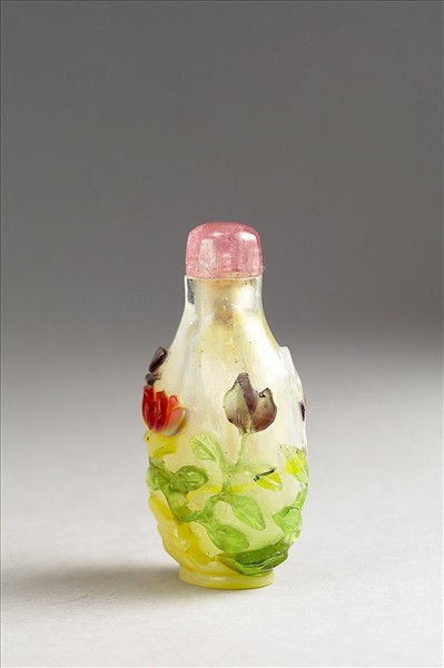 白套五彩玻璃雄雞牡丹鼻煙壺