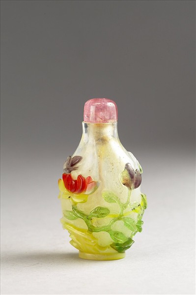 白套五彩玻璃雄雞牡丹鼻煙壺