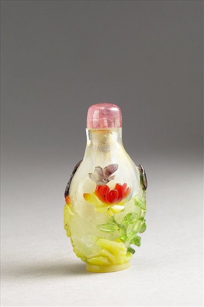 白套五彩玻璃雄雞牡丹鼻煙壺