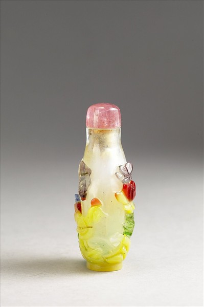 白套五彩玻璃雄雞牡丹鼻煙壺