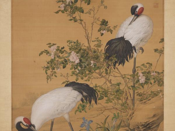 清郎世寧畫花陰雙鶴　軸
