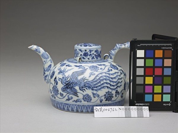 青花鳳凰紋三繫茶壺