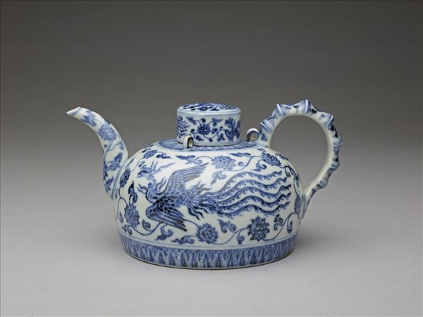 青花鳳凰紋三繫茶壺