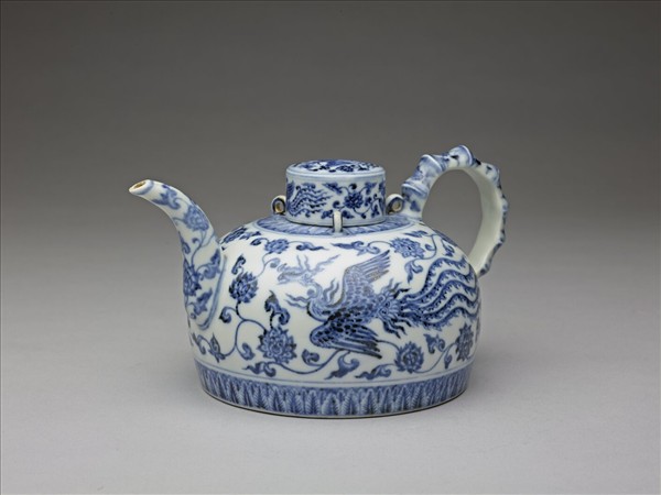 青花鳳凰紋三繫茶壺