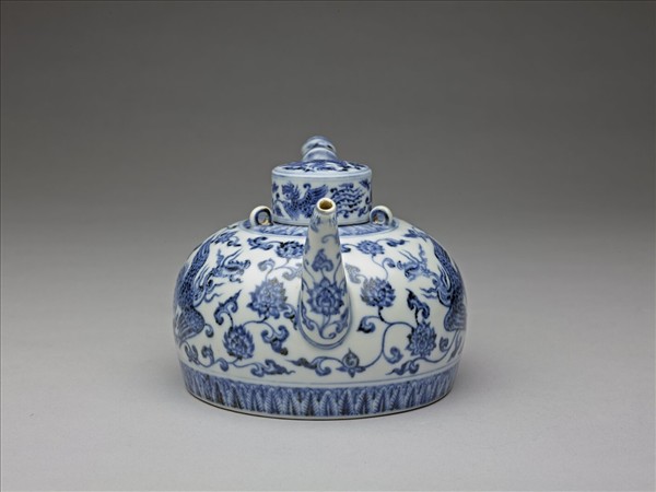 青花鳳凰紋三繫茶壺