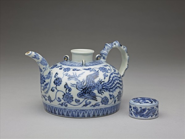 青花鳳凰紋三繫茶壺