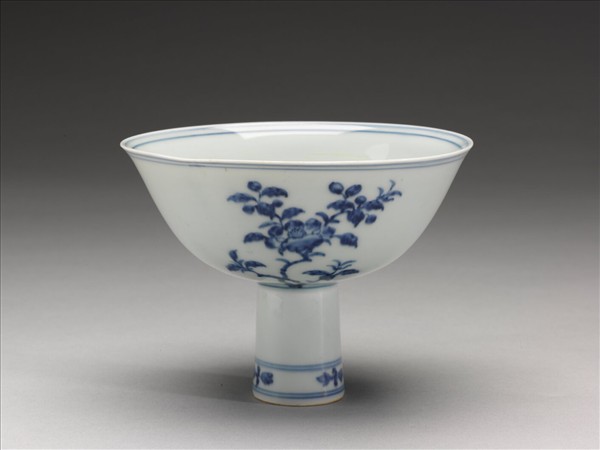 官窯 青花茶花高足碗