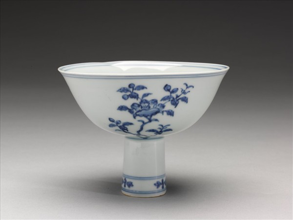 官窯 青花茶花高足碗