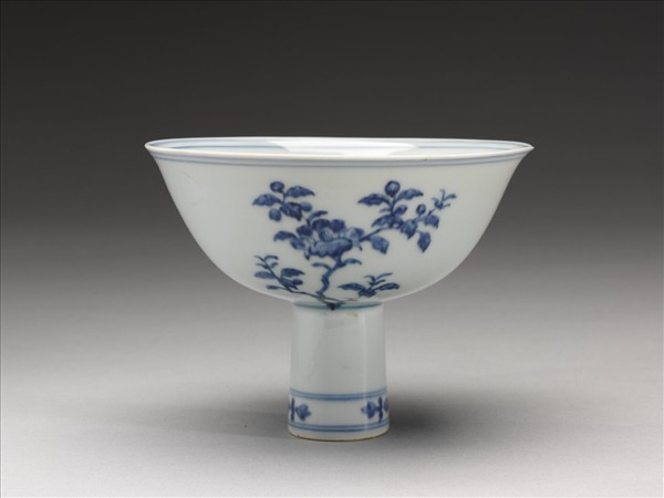 官窯 青花茶花高足碗