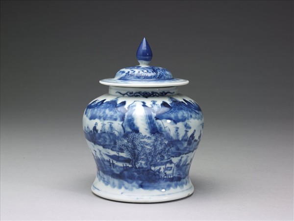 青花山水人物圖蓋罐