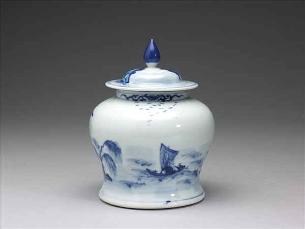 青花山水人物圖蓋罐