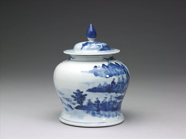 青花山水人物圖蓋罐