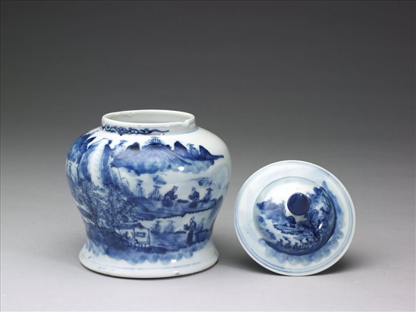 青花山水人物圖蓋罐