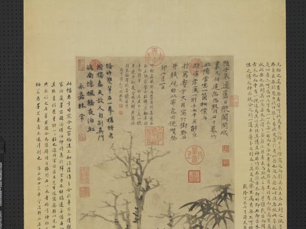 元倪瓚竹樹野石　軸