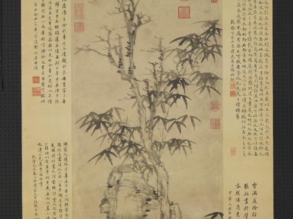 元倪瓚竹樹野石　軸