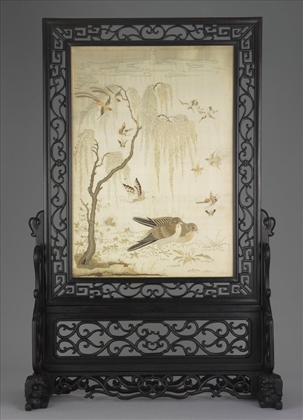 刺繡柳蔭斑鳩屏風