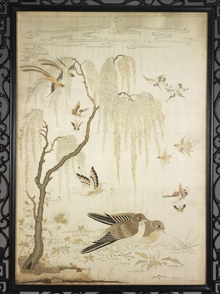 刺繡柳蔭斑鳩屏風