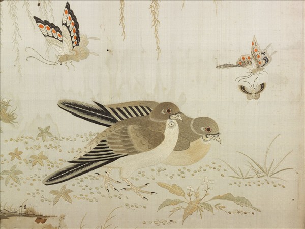 刺繡柳蔭斑鳩屏風