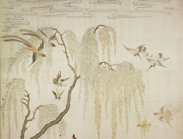 刺繡柳蔭斑鳩屏風