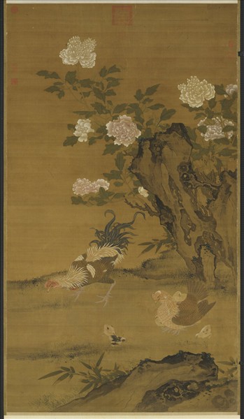 元人畫花下將雛　軸