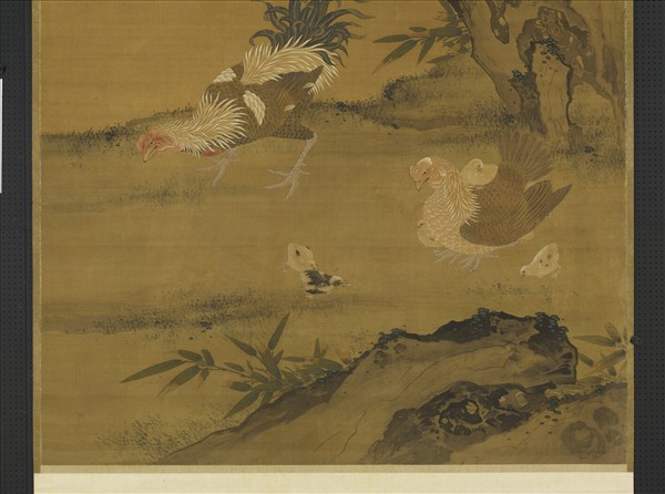 元人畫花下將雛　軸